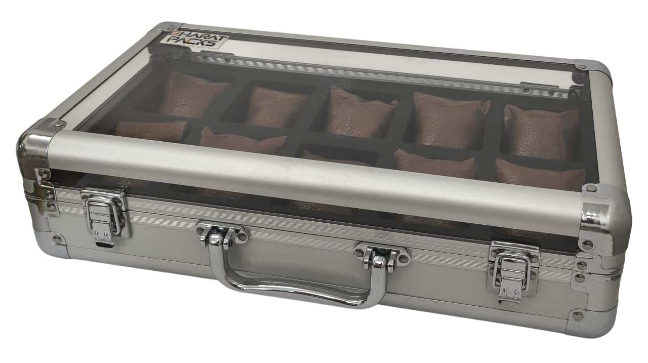 Aluminum Watch Case – Watch Storage Box with Leather Pillows & EVA Foam – Travel & Organizer Case (10 Slots) (Transparent)